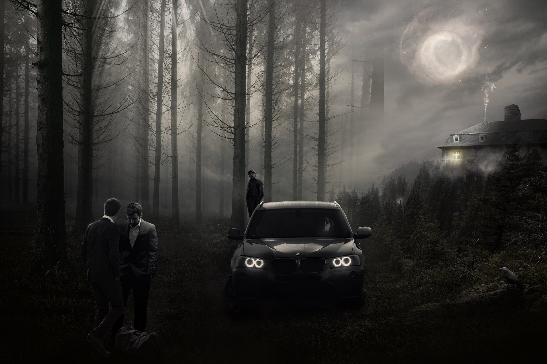 Mysterious forest scene with two men in suits near a car and a shadowy figure in the background under a full moon.